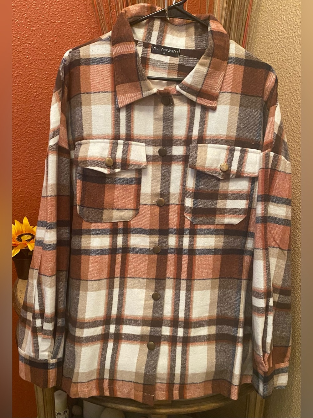 De Sepreso - New - Plaid Button-Down Flannel Shirt Jacket in Rust and Cream